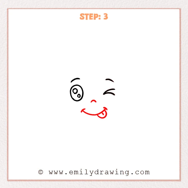 how to draw a winky face - A winky face drawing with one open eye, one closed eye, two eyebrows, a small curved nose, a smiling mouth, and a tongue sticking out on the right side.